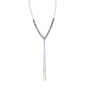 Blue Stone Beaded Cord Y Drop Necklace Gold Tone Boho Hippie Streewear